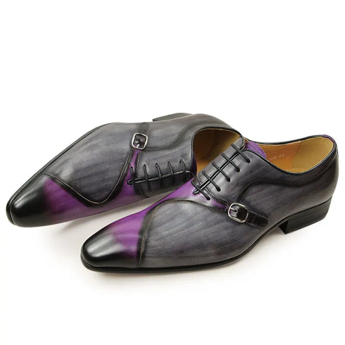 Handmade Leather Oxford Shoes with Metal Buckle - Gray Purple Business Formal Attire